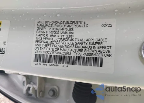 2022 Honda Accord Sport из США, поврежденный, VIN 1HGCV1F3XNA028963